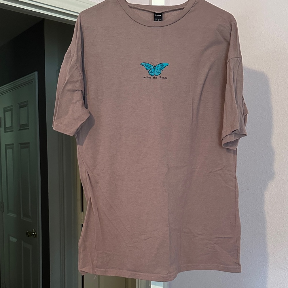 Brown T-Shirt with Blue Butterfly Design
